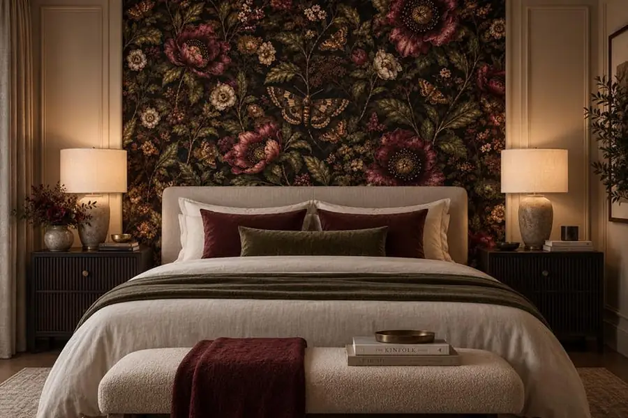 Moth Wallpaper, Dark Botanical Floral Wallcovering, Moody Black Garden Pattern, Gothic Home Decor