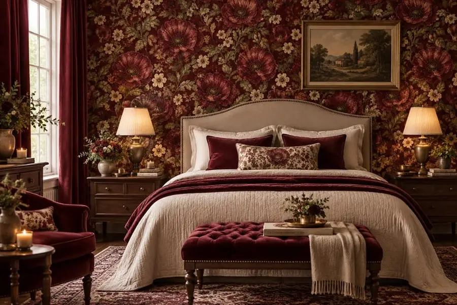 Burgundy Poppy Wallpaper, Dark Vintage Floral Wallcovering, Large Scale Moody Botanical Pattern