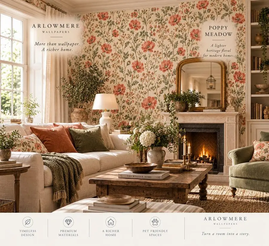 Coral Poppy Wallpaper, Sage Green Floral, Light English Heritage Botanical Wallcovering