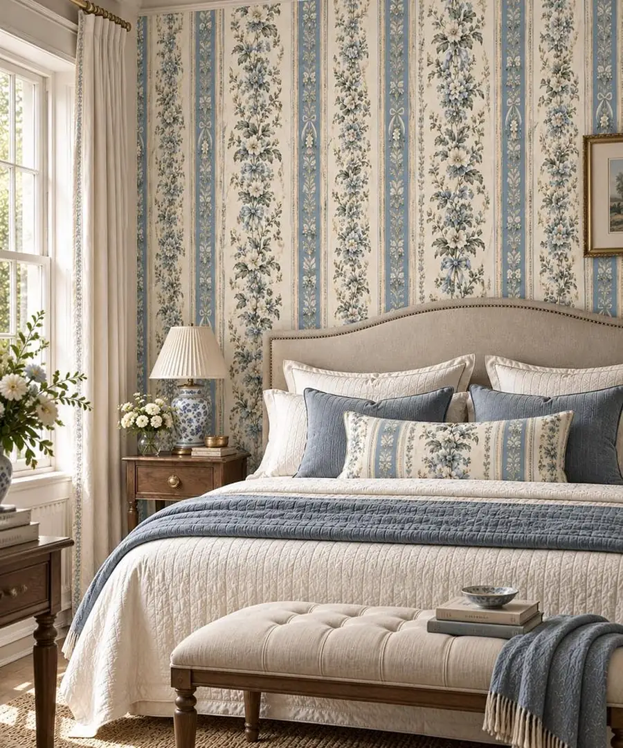 Blue Floral Stripe Wallpaper, Powder Blue English Country Botanical, Cottage Style Wallcovering