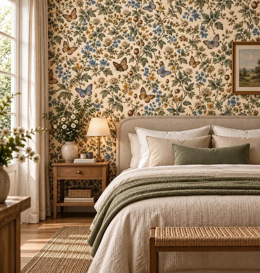 Butterfly Wallpaper, Antique Ivory Botanical, Natural History Pattern, English Country Wallcovering