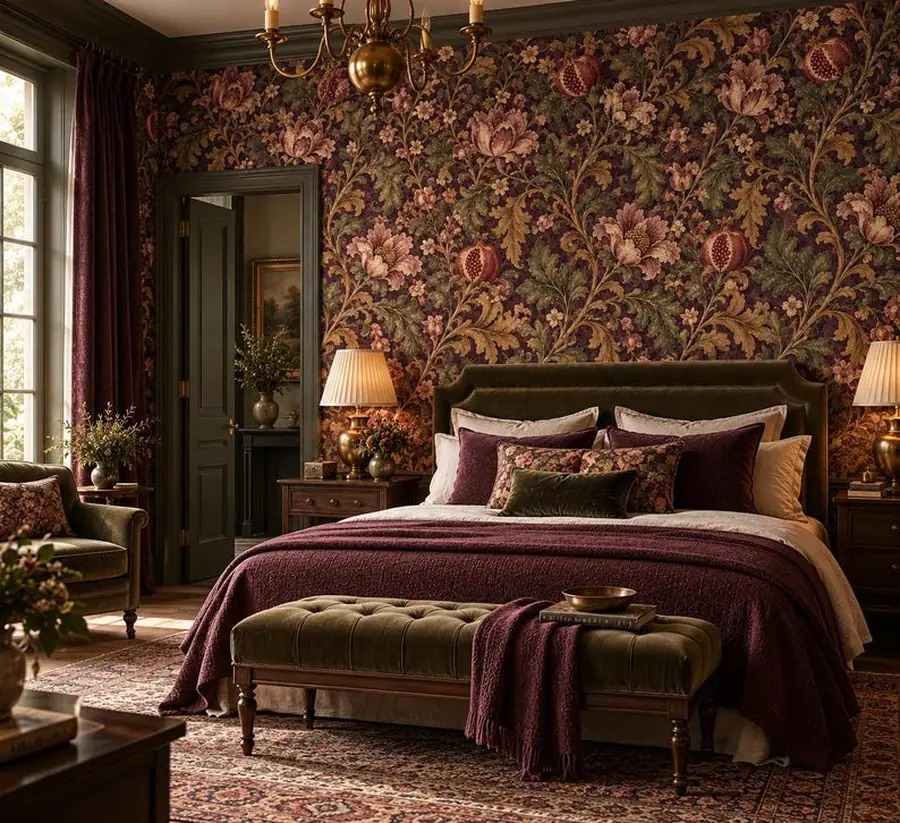 Jacobean Floral Wallpaper, Aubergine Plum Botanical, Pomegranate Vine Pattern, English Heritage Wallcovering