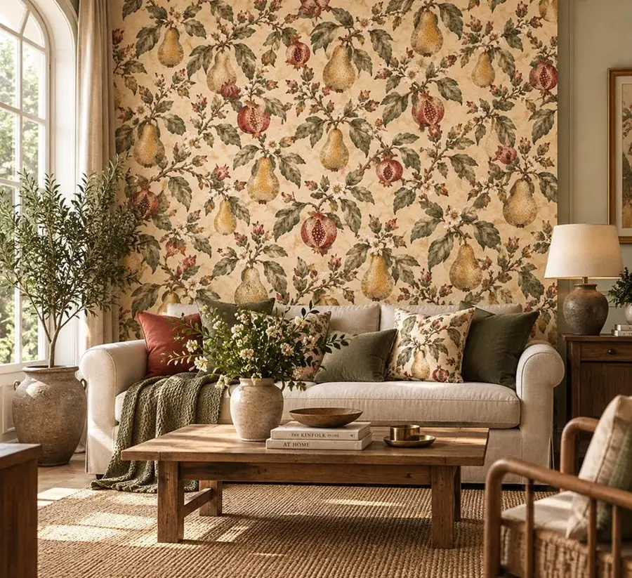 Pomegranate Wallpaper, Antique Orchard Fruit Pattern, Block Print Style Botanical Wallcovering