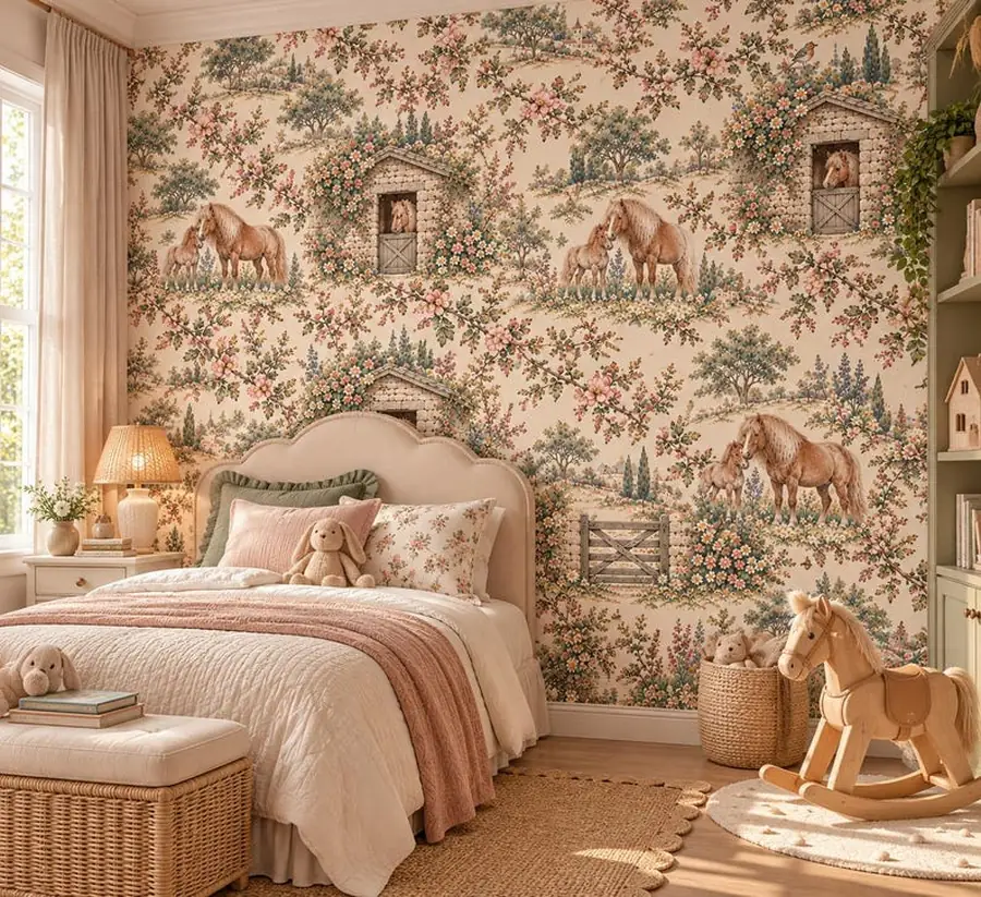Horse Nursery Wallpaper, Pony Garden Toile, English Equestrian Peel and Stick Wallpaper