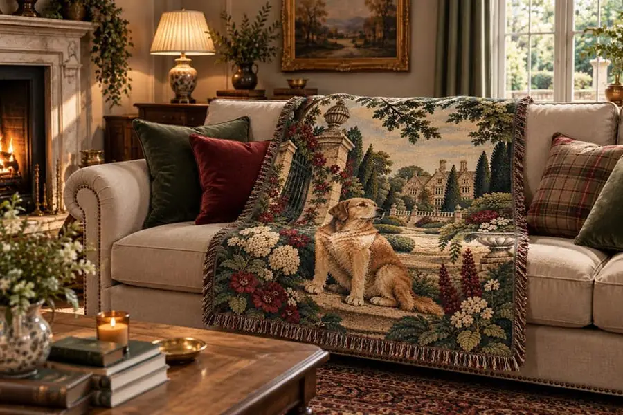 Custom Pet Portrait Woven Blanket, Dog or Cat Jacquard Throw from Photo, English Manor Tapestry Gift