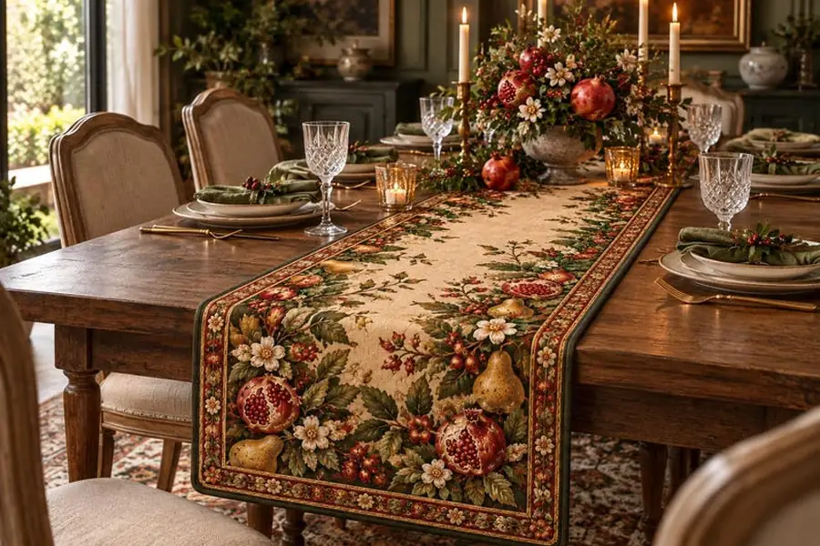 Pomegranate Table Runner, Quilted English Country Dining Decor, Fruit Pattern 14 x 72 in