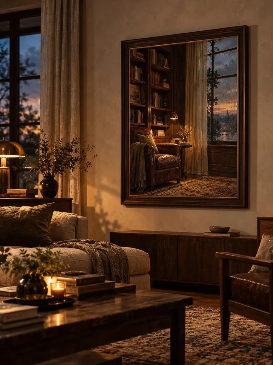 Moody Library Wall Art, Framed Dark Academia Print, Rainy Evening Reading Room Painting