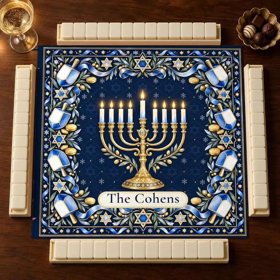 Hanukkah Mahjong Mat, Blue Watercolor Dreidels and Stars of David, Personalized