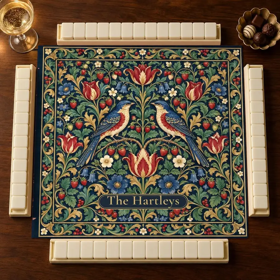 Dark Botanical Mahjong Mat, Birds and Acanthus Leaves, Moody Floral 31.5 or 20.9 Inch