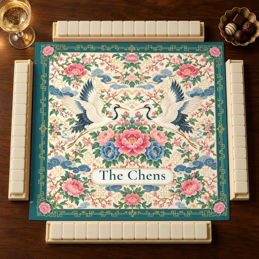 Chinoiserie Mahjong Mat, Patina Blue Crane and Peony, Personalized Club Name 31.5 or 20.9 Inch