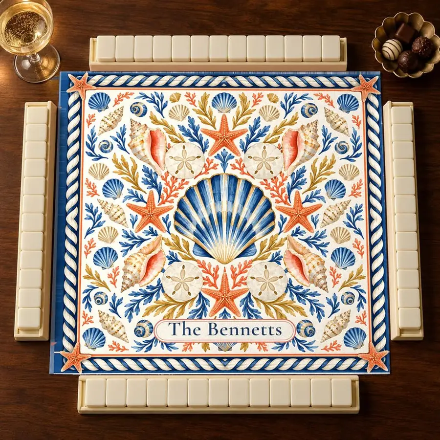 Coastal Mahjong Mat, Navy Seashells Starfish and Coral, Personalized 31.5 or 20.9 Inch