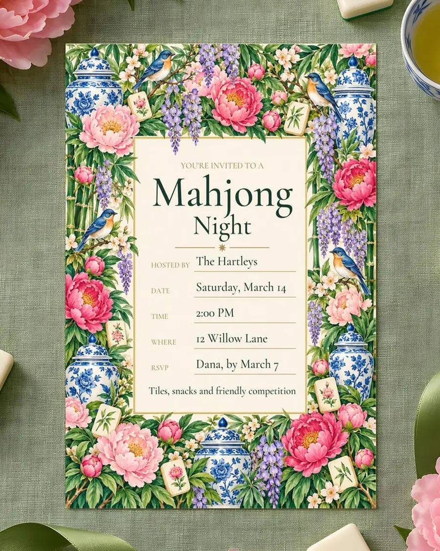 Mahjong Night Party Kit, Fillable Invitation, Score Card, Place Cards, Instant Download PDF