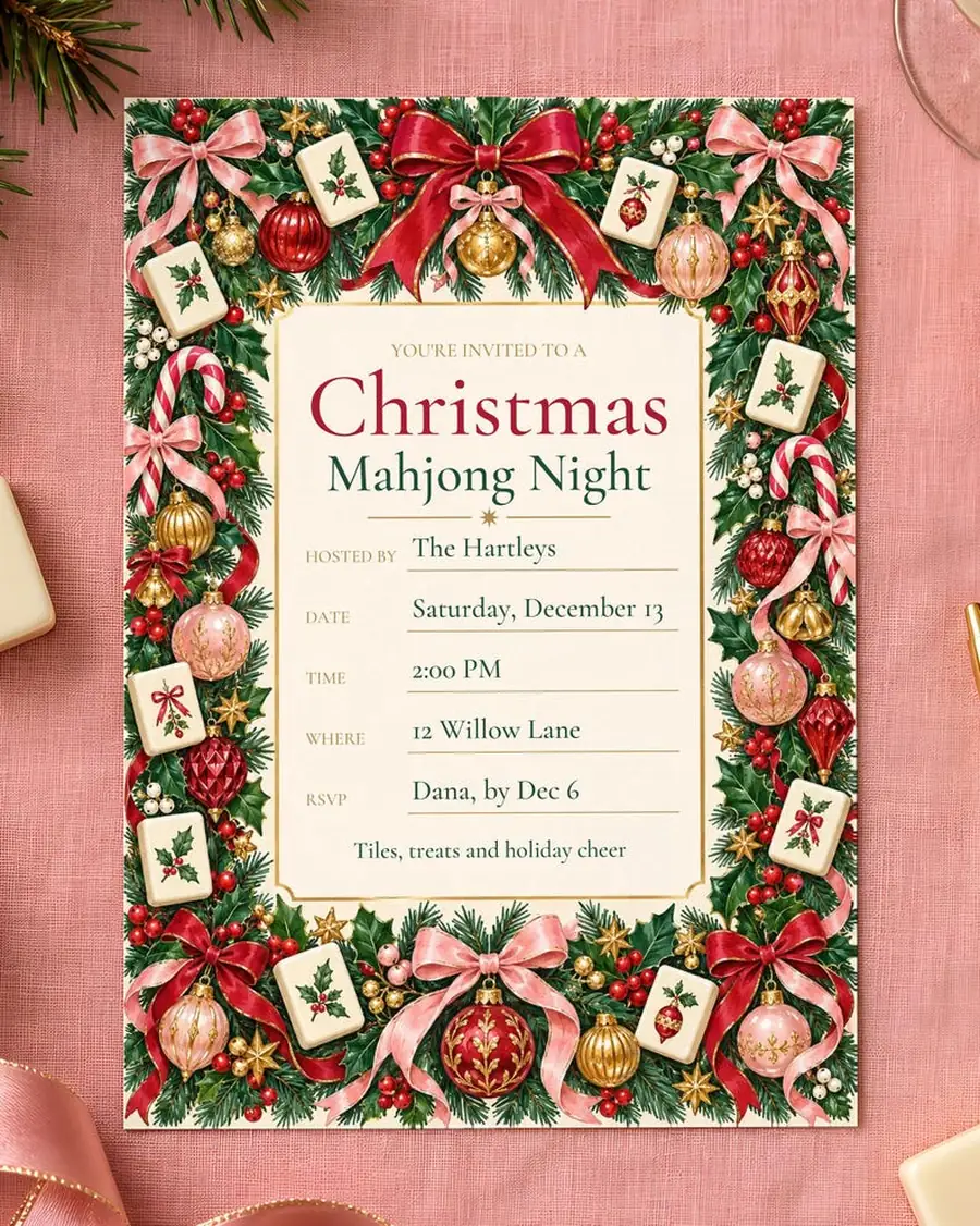 Christmas Mahjong Party Kit, Fillable Invitation, Score Card, Place Cards, Instant Download PDF