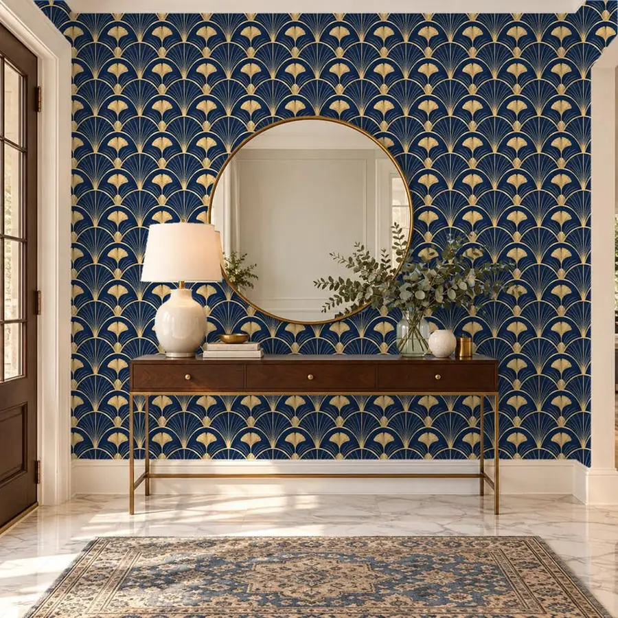Art Deco Wallpaper, Navy Blue and Champagne Gold Ginkgo Fan, Peel and Stick or Traditional