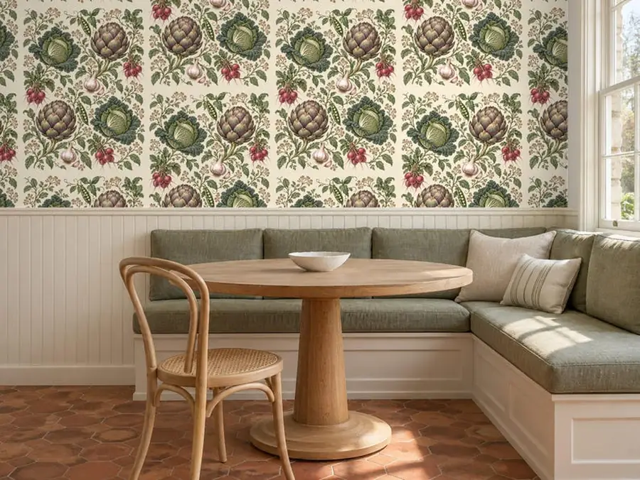 Vegetable Wallpaper, Vintage Kitchen Botanical with Cabbage and Artichoke, Peel and Stick or Traditional