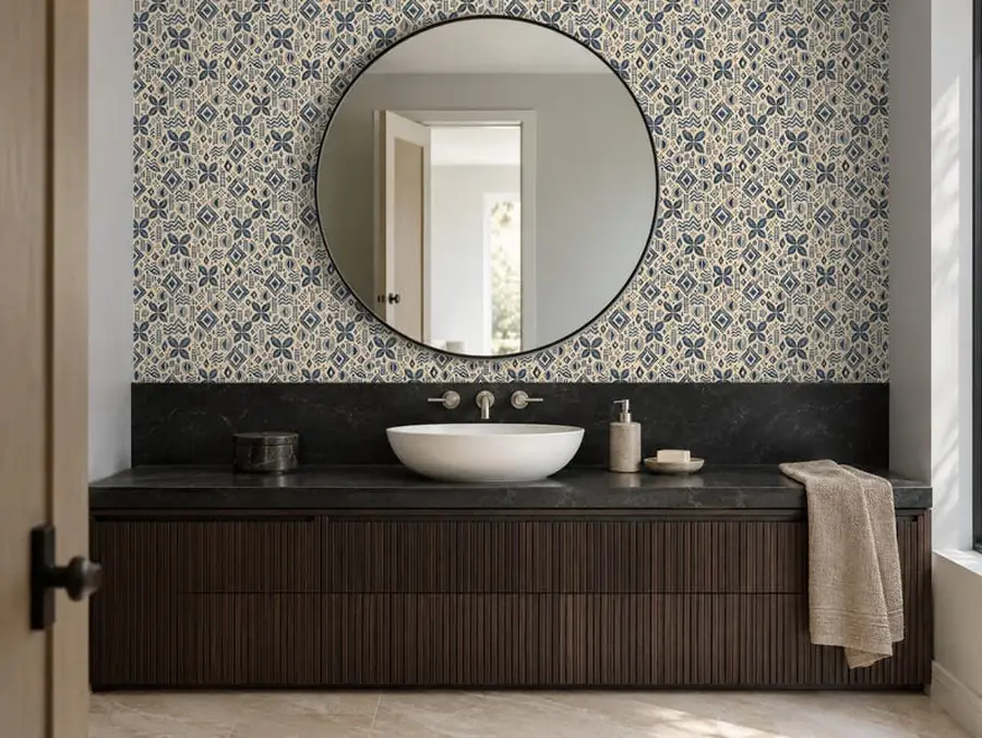 Indigo Block Print Wallpaper, Blue and Sand Batik Pattern, Peel and Stick or Traditional, Accent Wall
