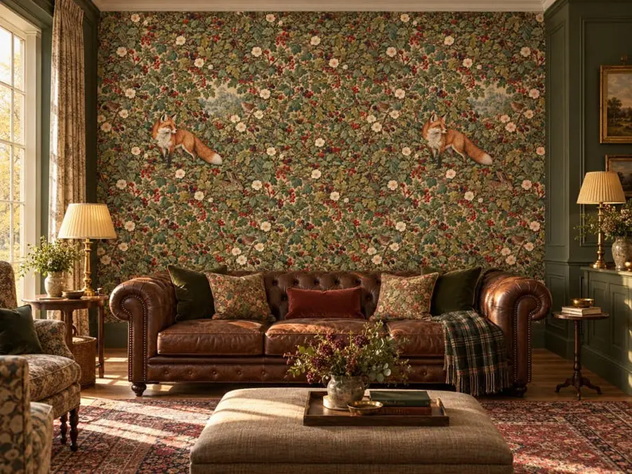 Fox Wallpaper, English Country Tapestry Hedgerow, Bramble and Dog-Rose, Peel and Stick or Traditional