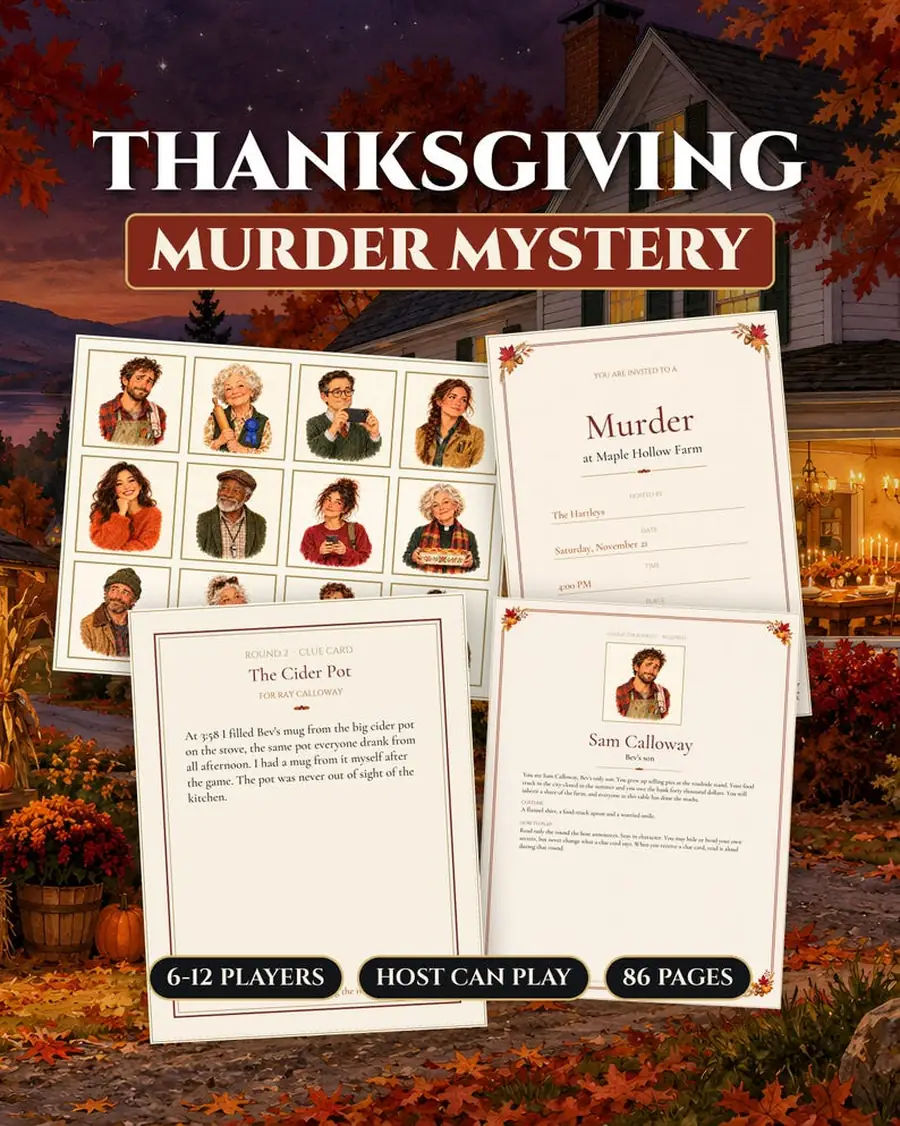 Thanksgiving Murder Mystery Party Game, Friendsgiving Game for 6-12 Players, Host Can Play, Printable PDF
