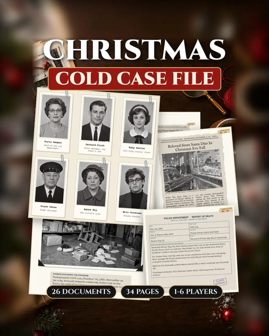 Christmas Cold Case File Printable, Detective Mystery Game for Adults, 26 Evidence Documents, 1-6 Players