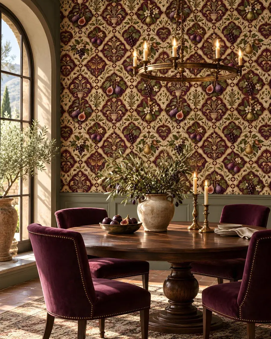 Fig and Pear Wallpaper, Italian Fresco Style Fruit Medallions, Burgundy Peel and Stick or Traditional