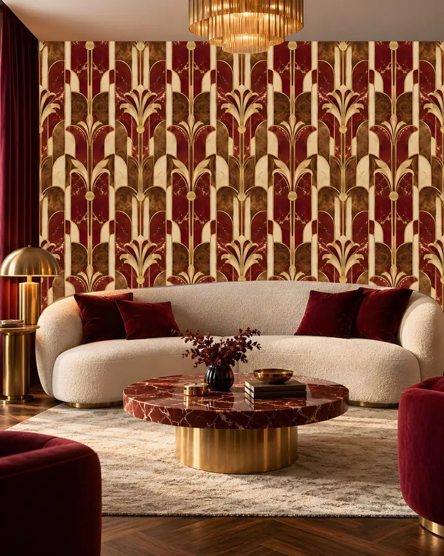 Art Deco Wallpaper, Burgundy Red Marble and Gold Inlay Arches, Luxury Peel and Stick or Traditional