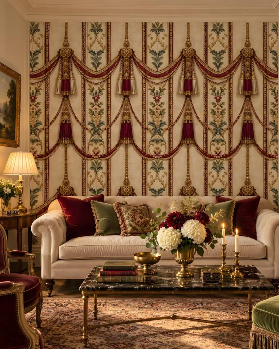 Tassel Wallpaper, Regency Trompe L'oeil Claret Swag and Gold Rosette Stripe, Peel and Stick or Traditional