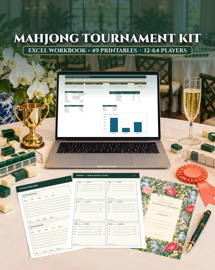 Mahjong Tournament Kit, Excel Table Rotation and Live Leaderboard, 12-64 Players, Fundraiser Printables