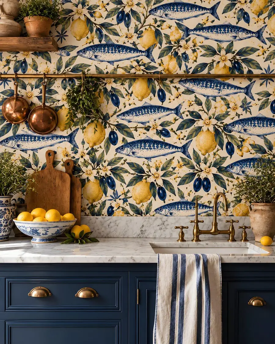 Lemon and Sardine Wallpaper, Mediterranean Kitchen Fish Wallpaper, Navy and Yellow, Peel and Stick