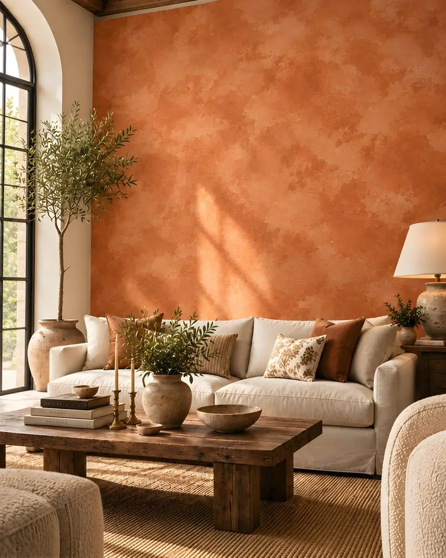 Terracotta Limewash Wallpaper, Burnt Orange Plaster Effect, Mediterranean Textured Look, Peel and Stick