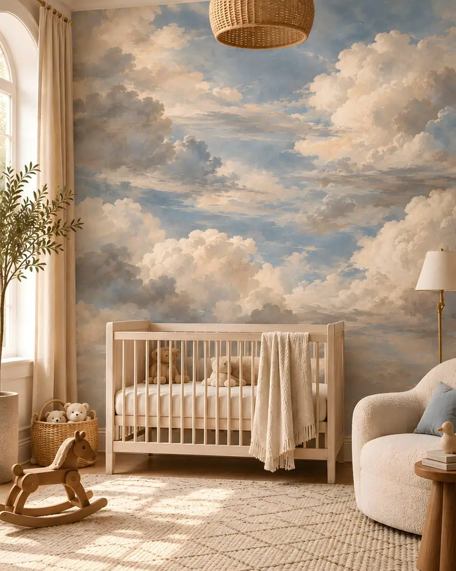 Cloud Wallpaper Mural, Vintage Painted Sky Fresco, Pastel Blue Nursery Mural, Peel and Stick