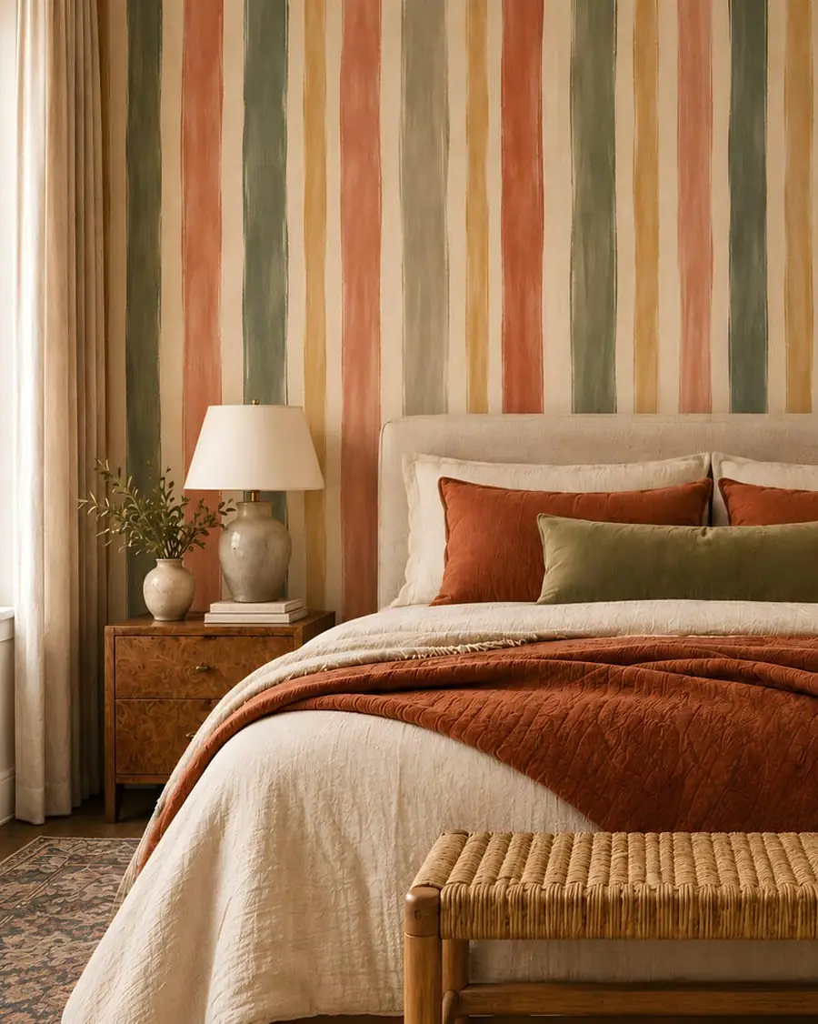 Painted Stripe Wallpaper, Terracotta Sage Ochre Vertical Stripes, Warm Boho, Peel and Stick