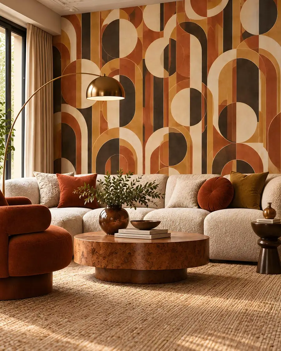 Retro Arch Wallpaper Mural, 70s Mid Century Geometric, Terracotta Mustard, Peel and Stick