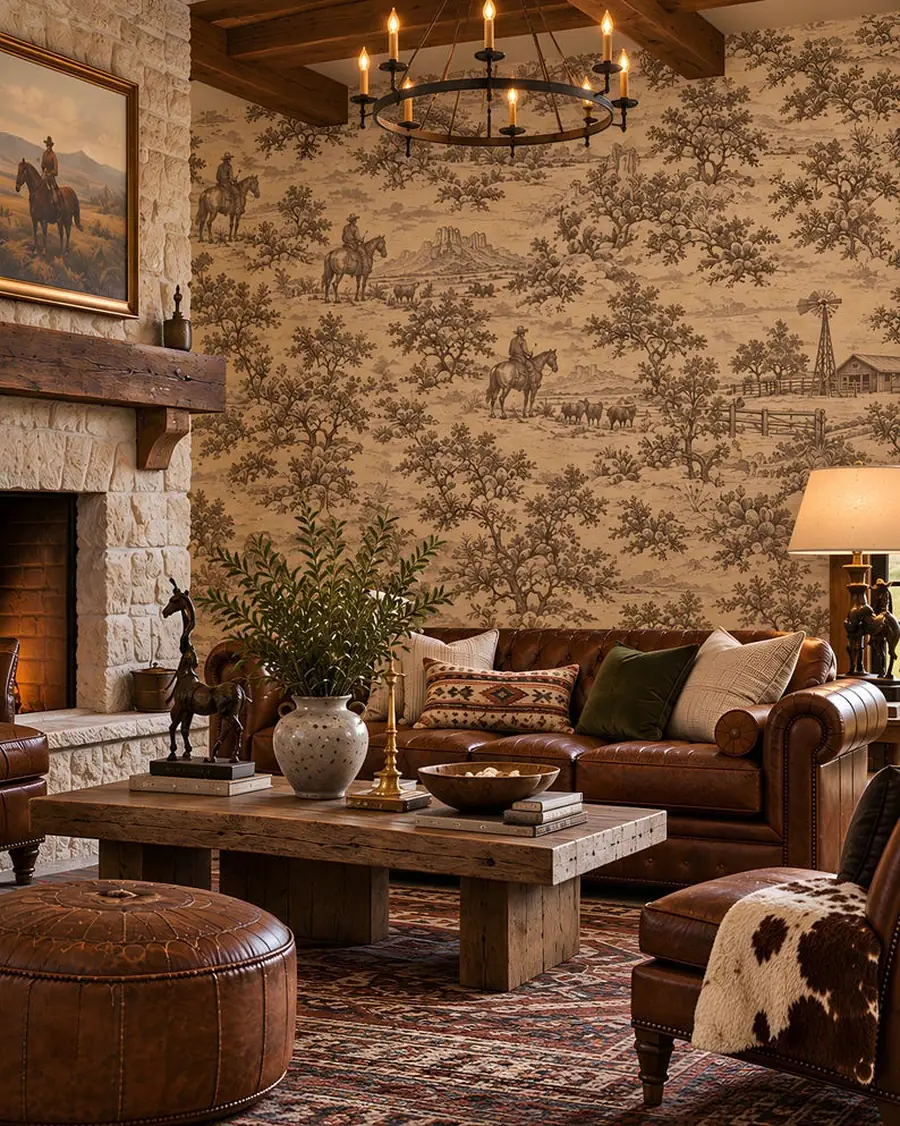 Western Toile Wallpaper, Cowboy Ranch Toile de Jouy, Sepia Brown Rustic, Peel and Stick