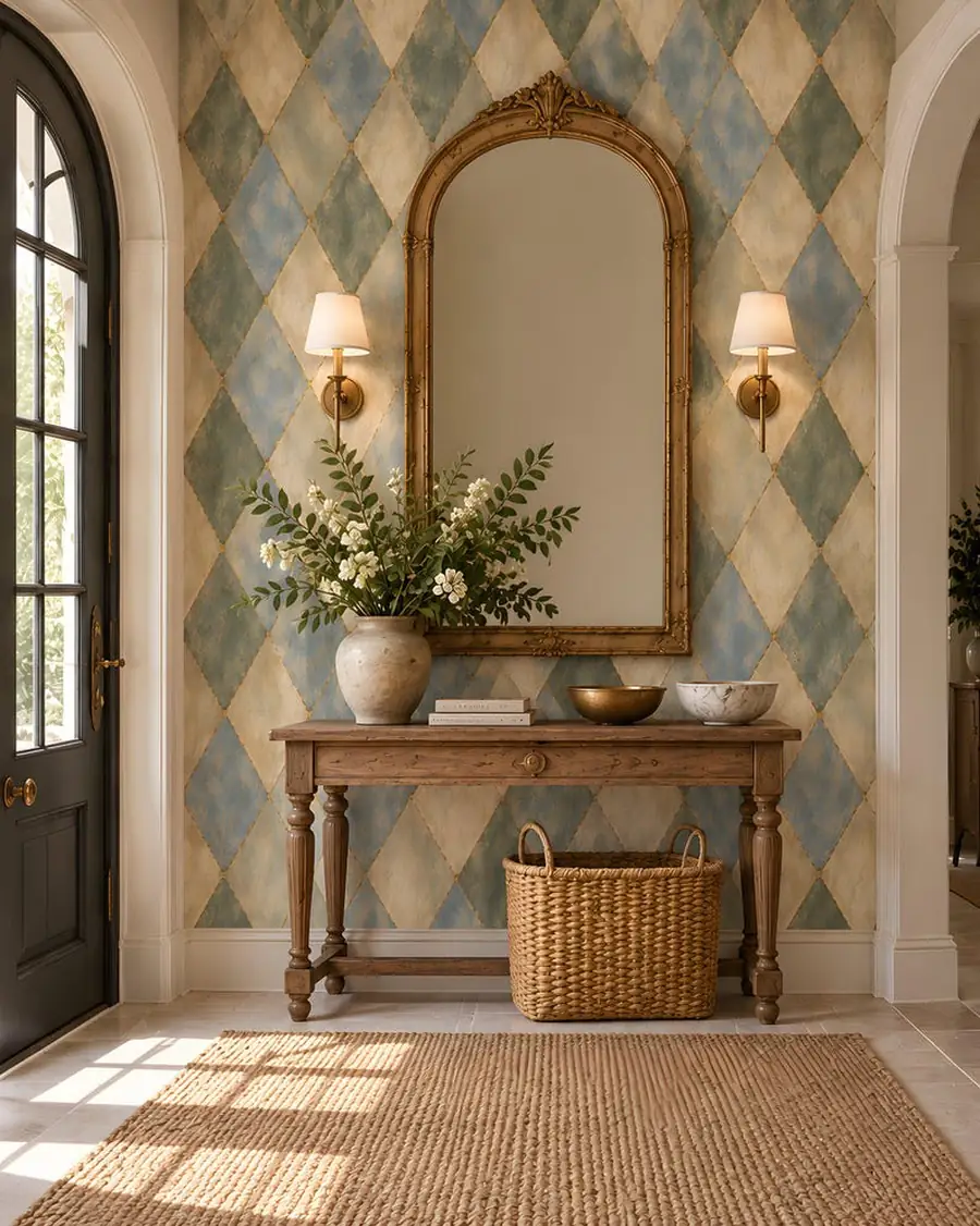 Harlequin Wallpaper, Hand Painted Diamond, Sage Blue Cream Gold Lines, Peel and Stick