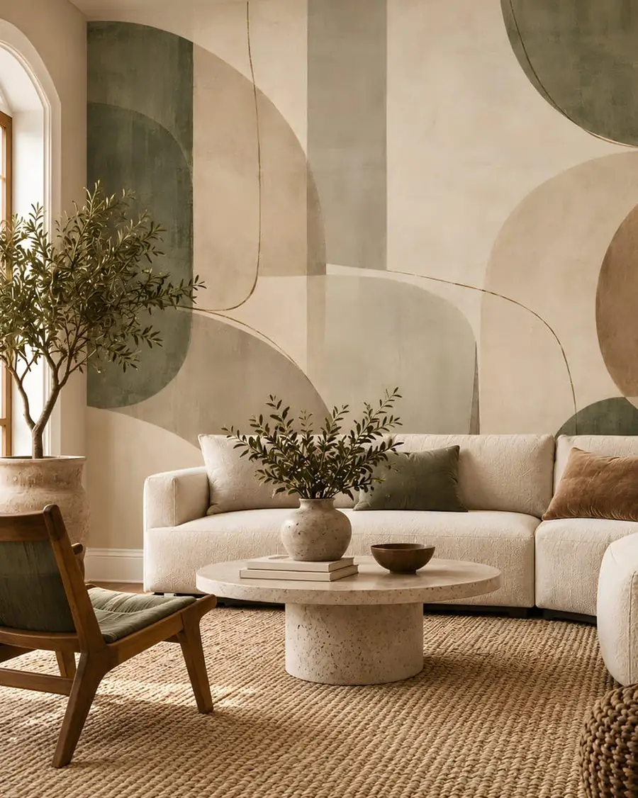 Abstract Arch Wall Mural, Neutral Organic Shapes, Sage Taupe Cream Japandi, Peel and Stick