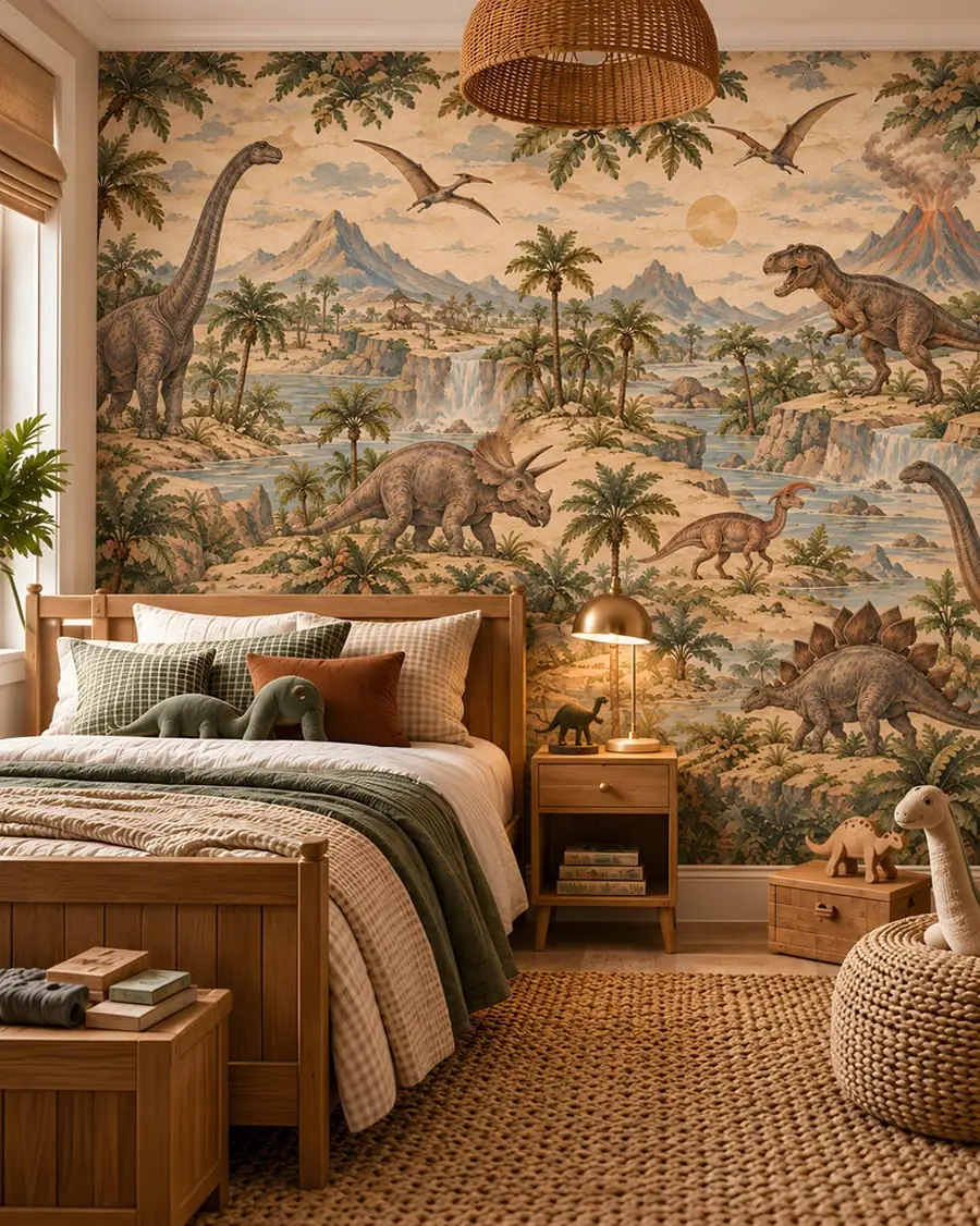 Dinosaur Wallpaper Mural, Vintage Prehistoric Kids Room and Nursery Mural, Peel and Stick