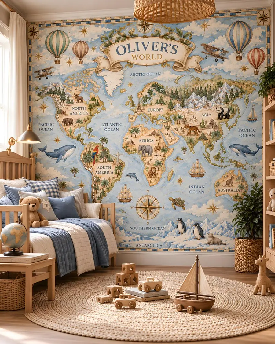 Personalized World Map Wallpaper with Name, Kids Nursery Map Mural, Peel and Stick