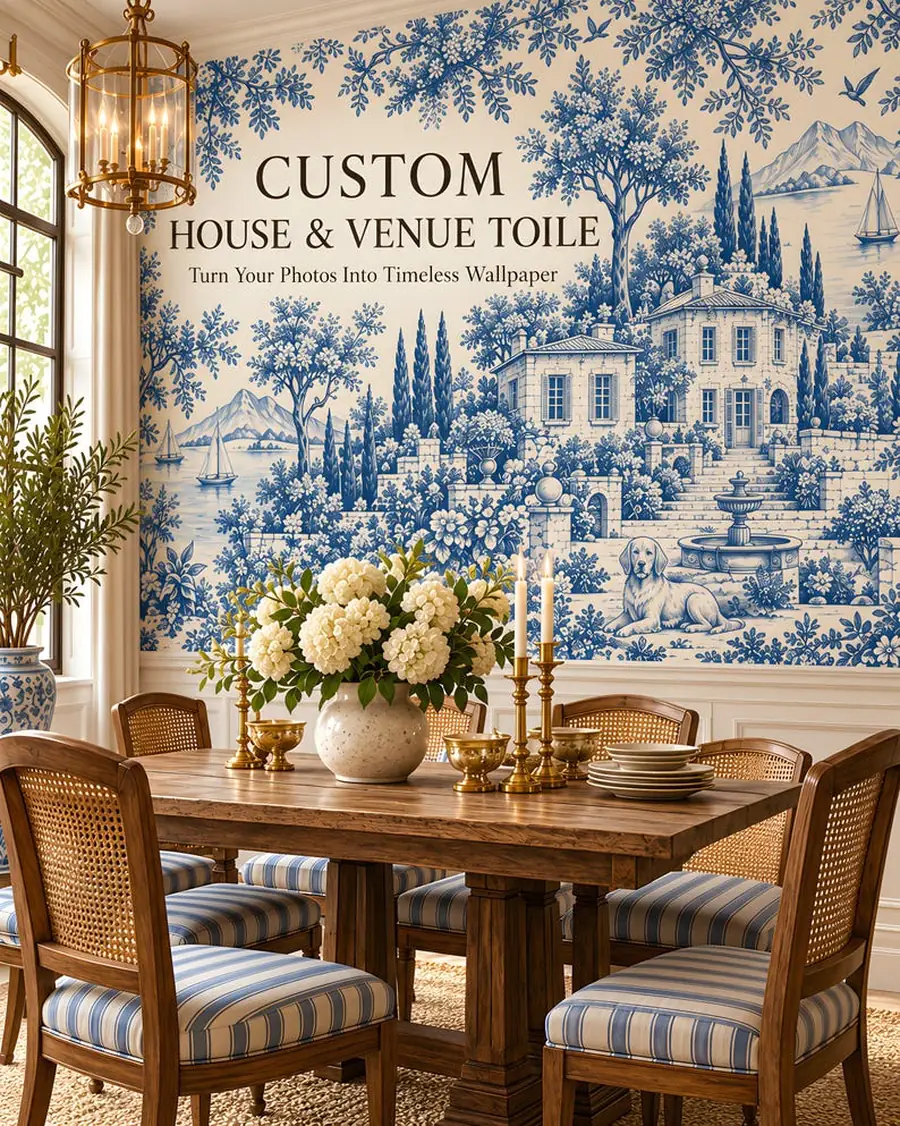 Custom House Toile Wallpaper from Your Photo, Personalized Toile de Jouy, Peel and Stick