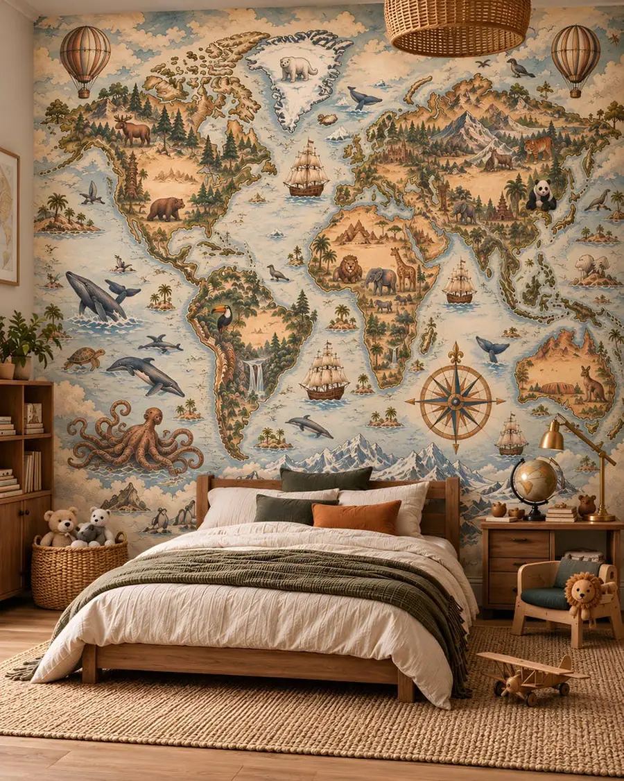 Vintage World Map Wallpaper Mural, Illustrated Kids Map with Animals, Peel and Stick
