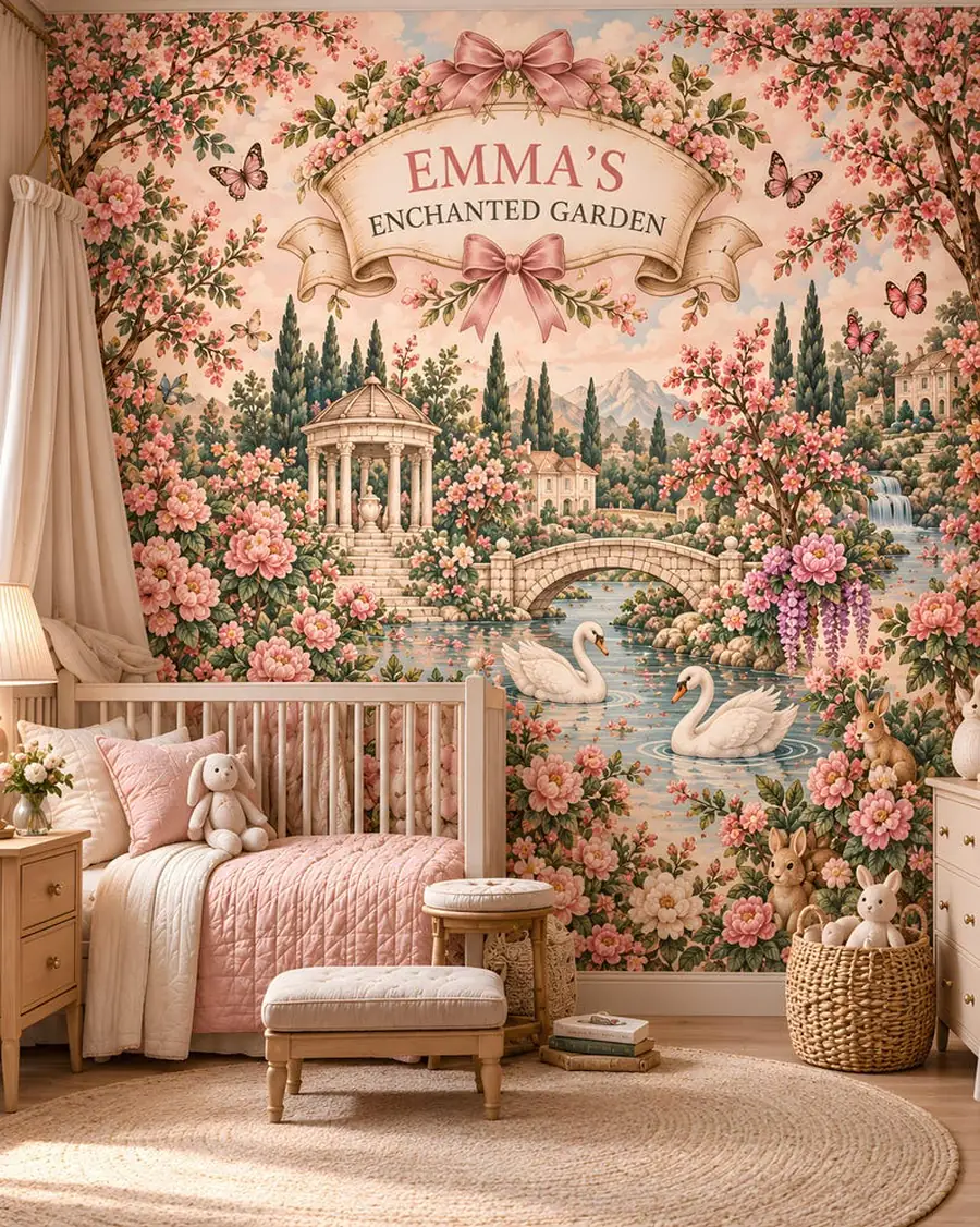 Personalized Nursery Mural with Name, Storybook Wallpaper, Garden Dinosaur Ocean Woodland