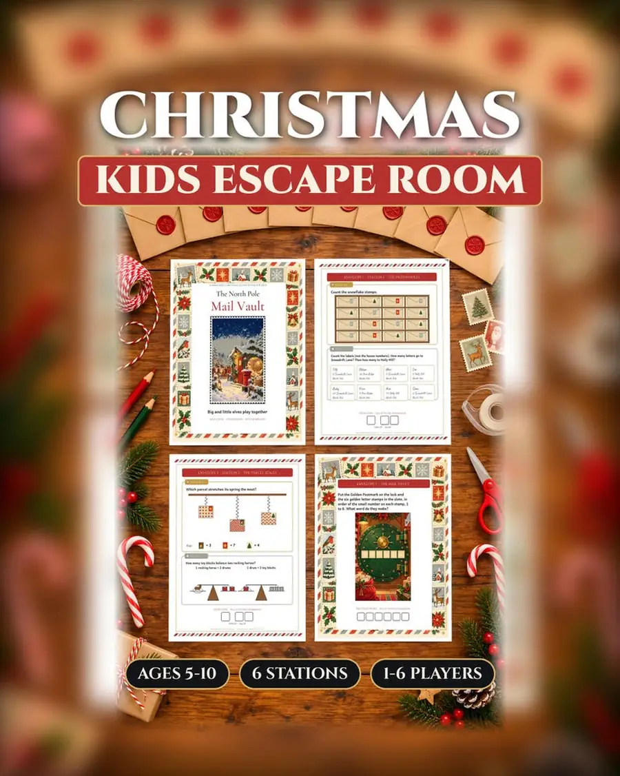 Kids Christmas Escape Room Printable, Ages 5 to 10, Two Levels, Family Puzzle Game, North Pole Mail Vault, Instant Download