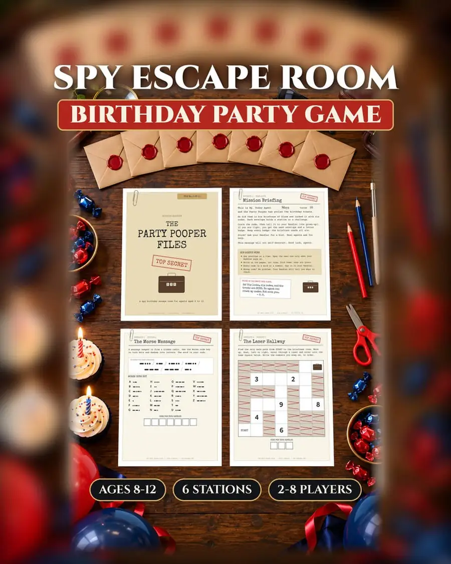 Spy Escape Room for Kids, Birthday Party Game Printable, Ages 8-12, Party Pooper Files