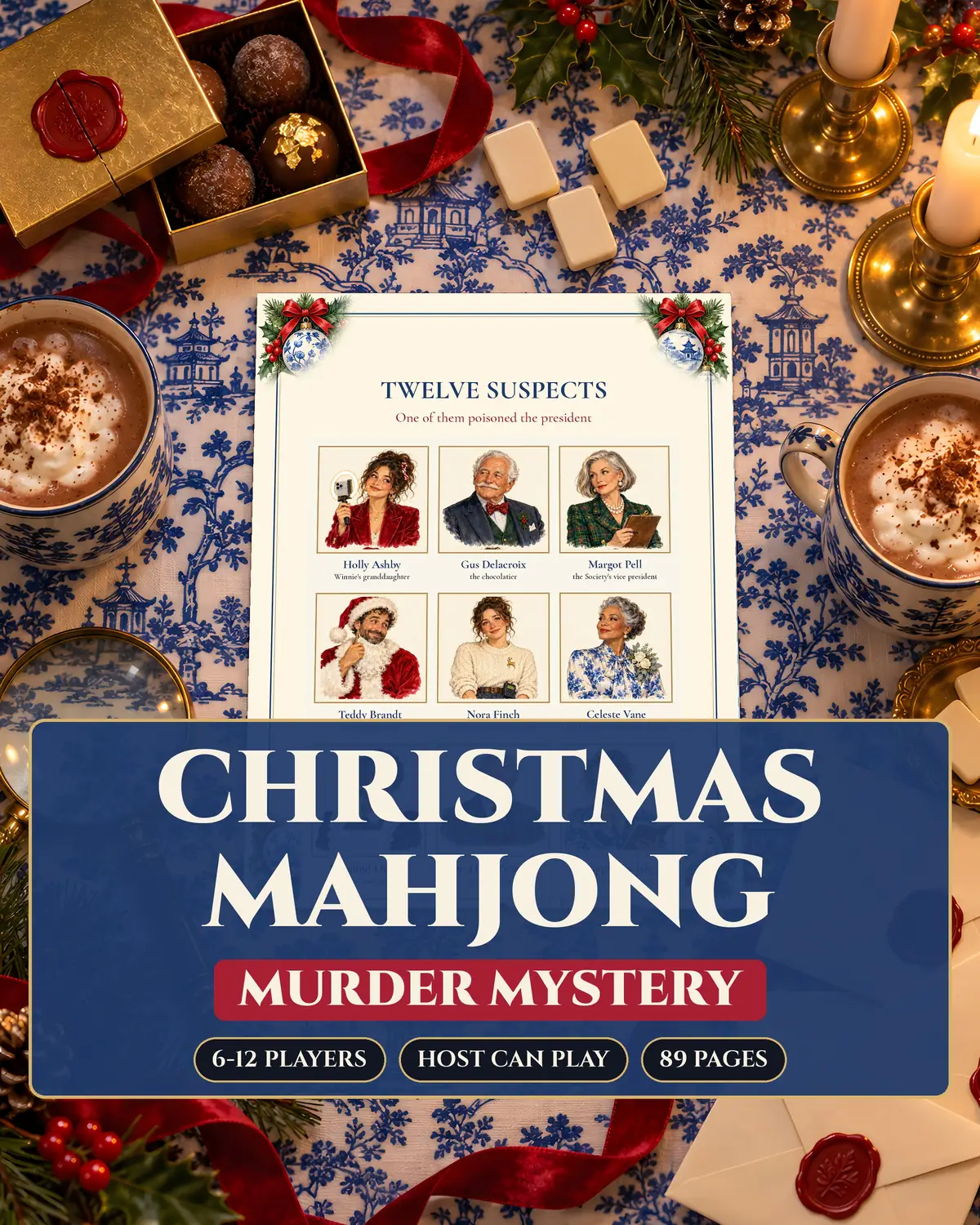 Christmas mahjong murder mystery party game printable: a suspects board with twelve illustrated characters on a blue-and-white Christmas table with a gold truffle box, mahjong tiles and hot cocoa (AI-illustrated scene), with the title, 6-12 players, host can play.