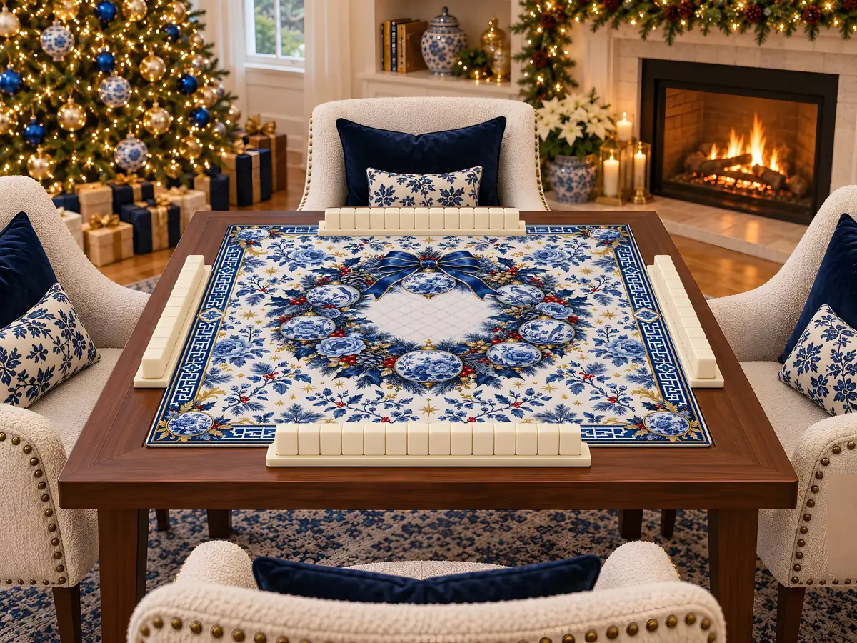 AI lifestyle mockup: the Blue and White Christmas mahjong mat on a card table in a living room decorated for Christmas.