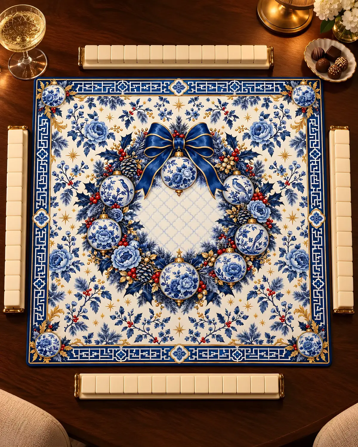 AI lifestyle mockup: Blue and White Christmas Christmas mahjong mat on a walnut card table with tile racks, blank tiles, champagne and chocolates.