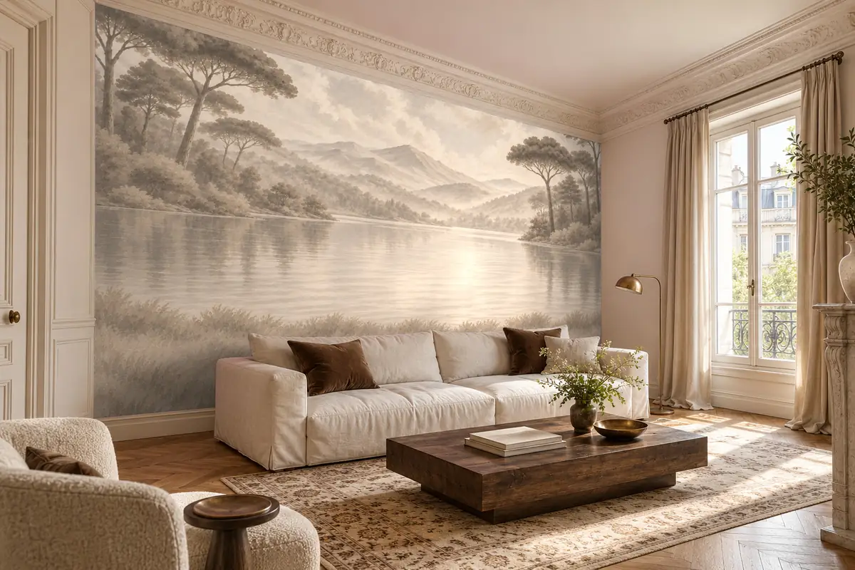 AI room visualization: Misty Lake forest wall mural in a living room.